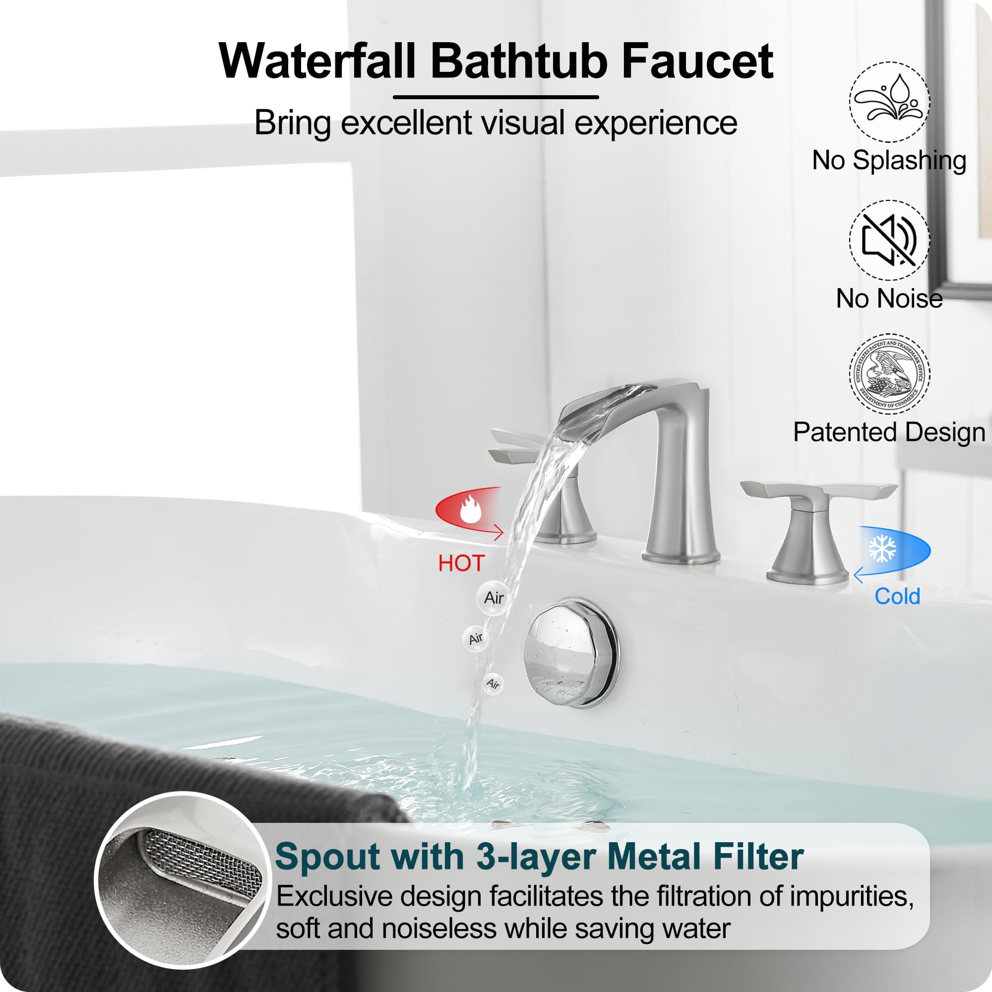 3 Hole Roman Tub Faucet Waterfall Brushed Nickel Bathtub Set, Deck Mount for 2 Handle Bath Faucets