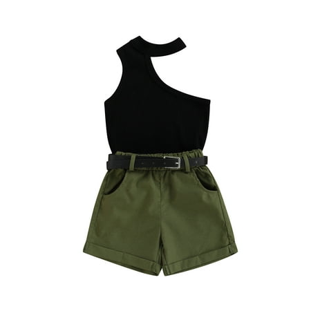 

Nokpsedcb Kids Baby Girls 3Pcs Outfits One Shoulder Sleeveless Hollow-Out Vest + Side Pockets Shorts + Belt Black Green 3-4 Years