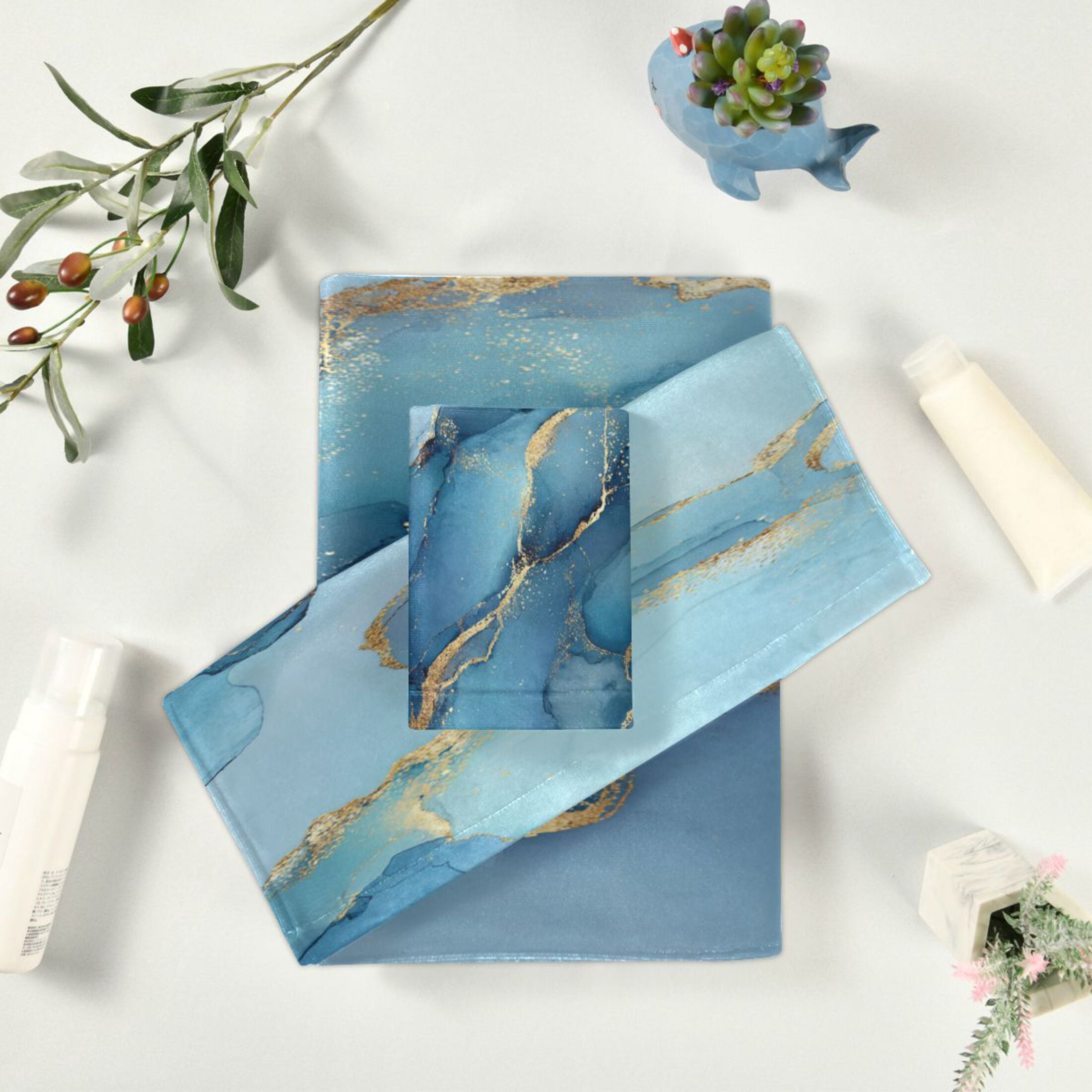 3 Sizes of Towel Sets Including Bath Towel Hand Towel and Washcloth for Daily Use Light Blue Gold Marble Pattern