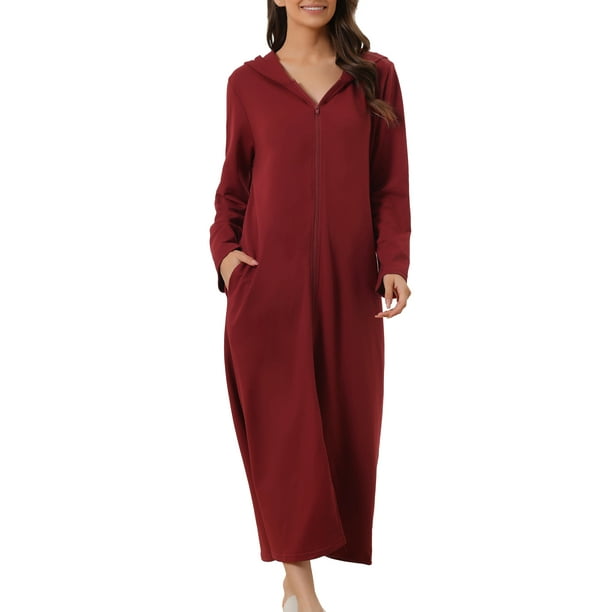 INSPIRE CHIC Bata de Noche con Cremallera para Mujeres, Larga, con Capucha, Sudadera de Manga Larga, Ropa de Casa con Bolsillos, XL Rojo