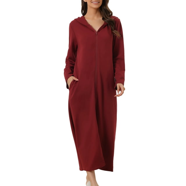 INSPIRE CHIC Chemises de Nuit à Fermeture Éclair pour Femmes Longue Robe de Maison Manches Longues Chandail à Capuchon Tenue d'Intérieur avec Poches G Rouge