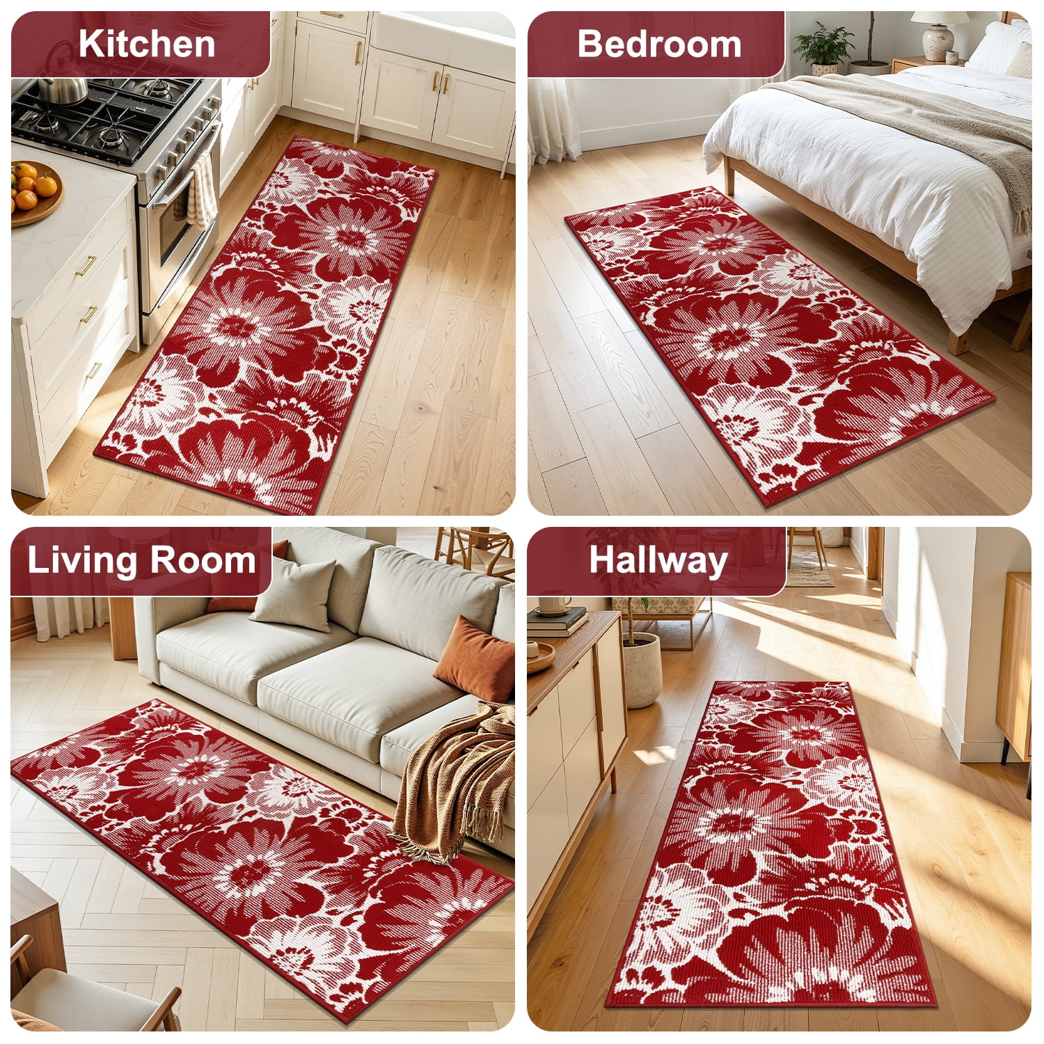 Findosom Runner Rug for Hallway 2x6 ft,Non-slip Machine Washable Runners Flower Floor Mats Low Pile Carpet Rug Runner with Rubber Backing for Entryway Doormat Bathroom Kitchen Laundry Room,Red