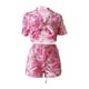 thumbnail image 4 of VISgogo, traje de 2 uds con pantalones para mujer, blusa con botones de solapa de manga corta estampada, pantalones cortos ajustados de cintura alta, ropa encantadora para mujer VISgogo  moda, 4 of 7