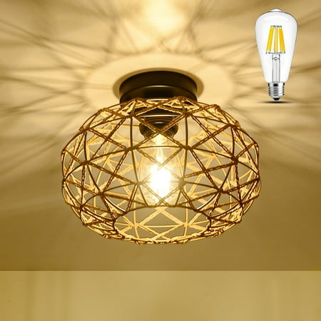 

BORNMIO Hand Woven Rattan Flush Mount Light with Dimmable LED Bulb