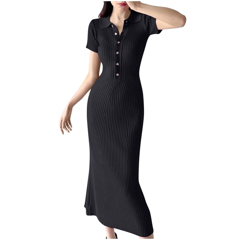 maxi ribbed polo dress PYGNJK Women's Ribbed Knit Maxi Dress Short Sleeve V Neck Button Down Form  Bodycon Polo Dress