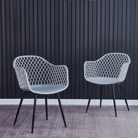 Canddidliike Modern Outdoor Dining Chairs Set of 2, Hollow Out Back Plastic Lounge Chairs with Arm - Gray