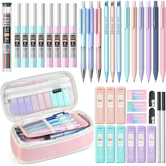 Nicpro 38PCS Aesthetic Supplies, Pastel Mechanical Pencil Set 0.5, 0.7, 0.9 & 2.0 mm with 564PCS Lead Refills, Cute Mechanical Pencils for Stationary Drawing Drafting - Pink Case