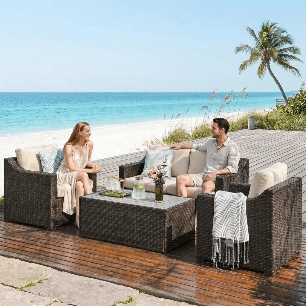 Howcool Outdoor Sectional Sofa, Patio Conversation Set, Outdoor Furniture with Two Single Chairs, Wicker Rattan All-Weather Seating Set for Garden Backyard Porch Balcony,Black