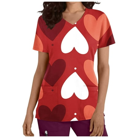 

Hfyihgf Valentine s Day Scrubs Shirts for Women Short Sleeve Nursing Working Uniform T-Shirts Heart Printed Comfy Tops with Pockets(Wine XL)
