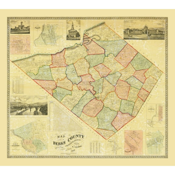 Historic County Map - Berks County Pennsylvania - Bridgens 1860 - Vintage Wall Art