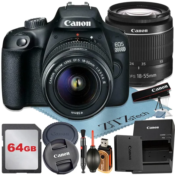 Canon EOS 2000D / Rebel T7 Appareil Photo Reflex Numérique 24,1 Mpx Capteur CMOS avec Objectif Zoom EF-S 18-55 mm + Carte Mémoire 64 Go + Ensemble d'Accessoires ZeeTech