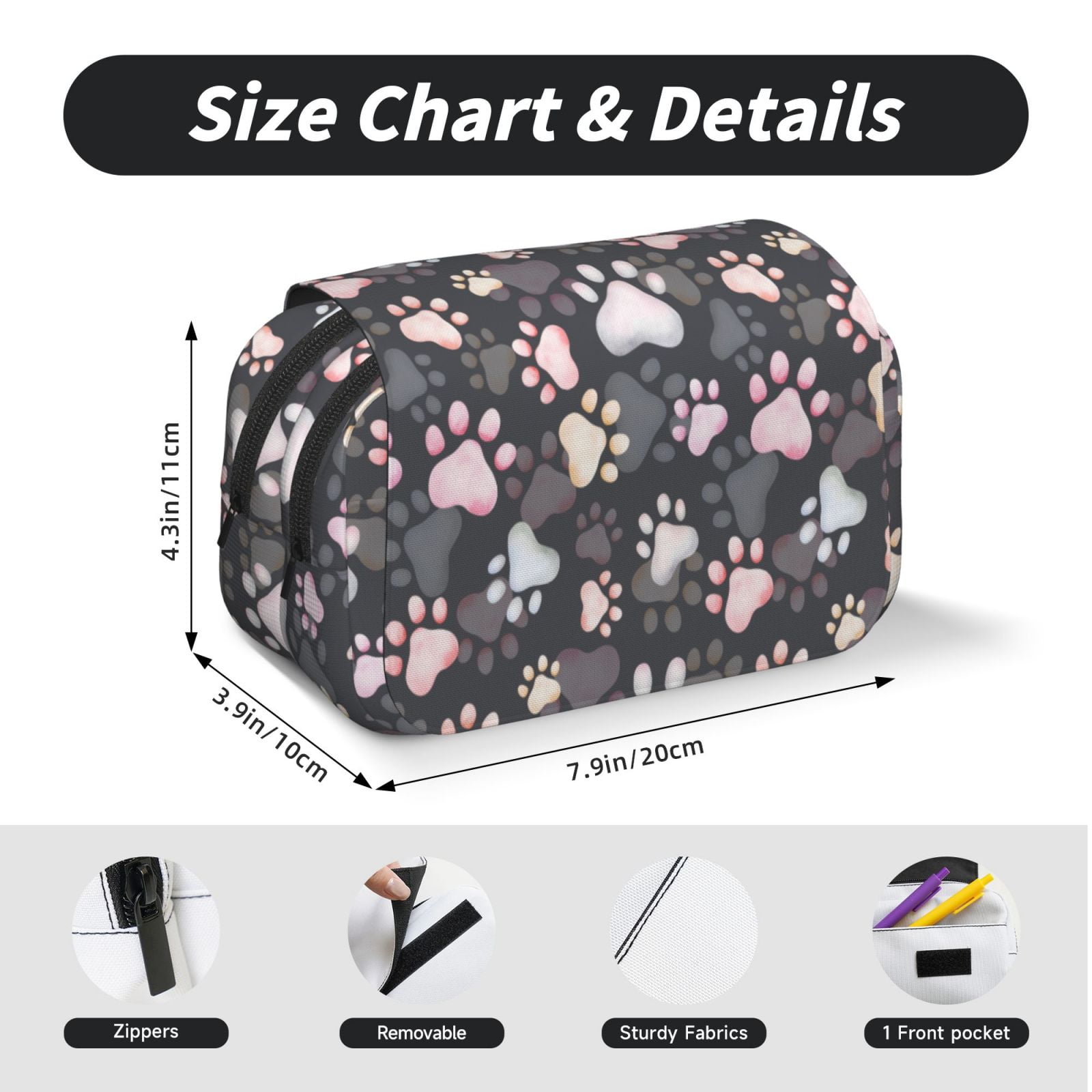 Rateoe Colorful Paws Of Dog Pattern Double Clamshell Pen Case, Storage Organizer with Two Zipper Compartments– Holds Up to 50 Pencils & Pens