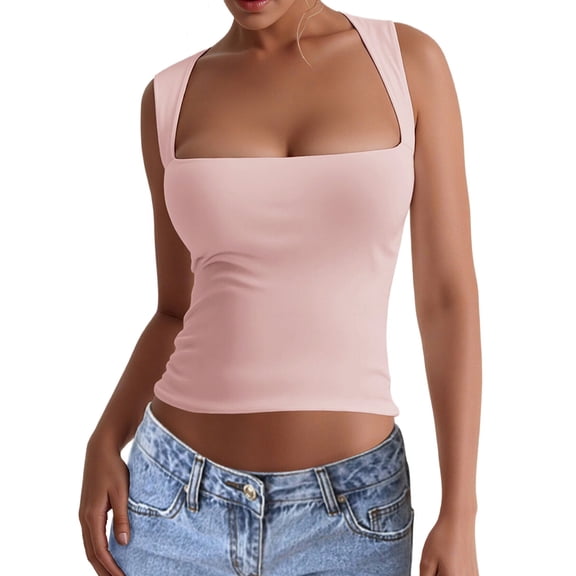 Women'S Square Neck Sleeveless Double-Layer Tank Tops Basic Tight T Shirts Pink M