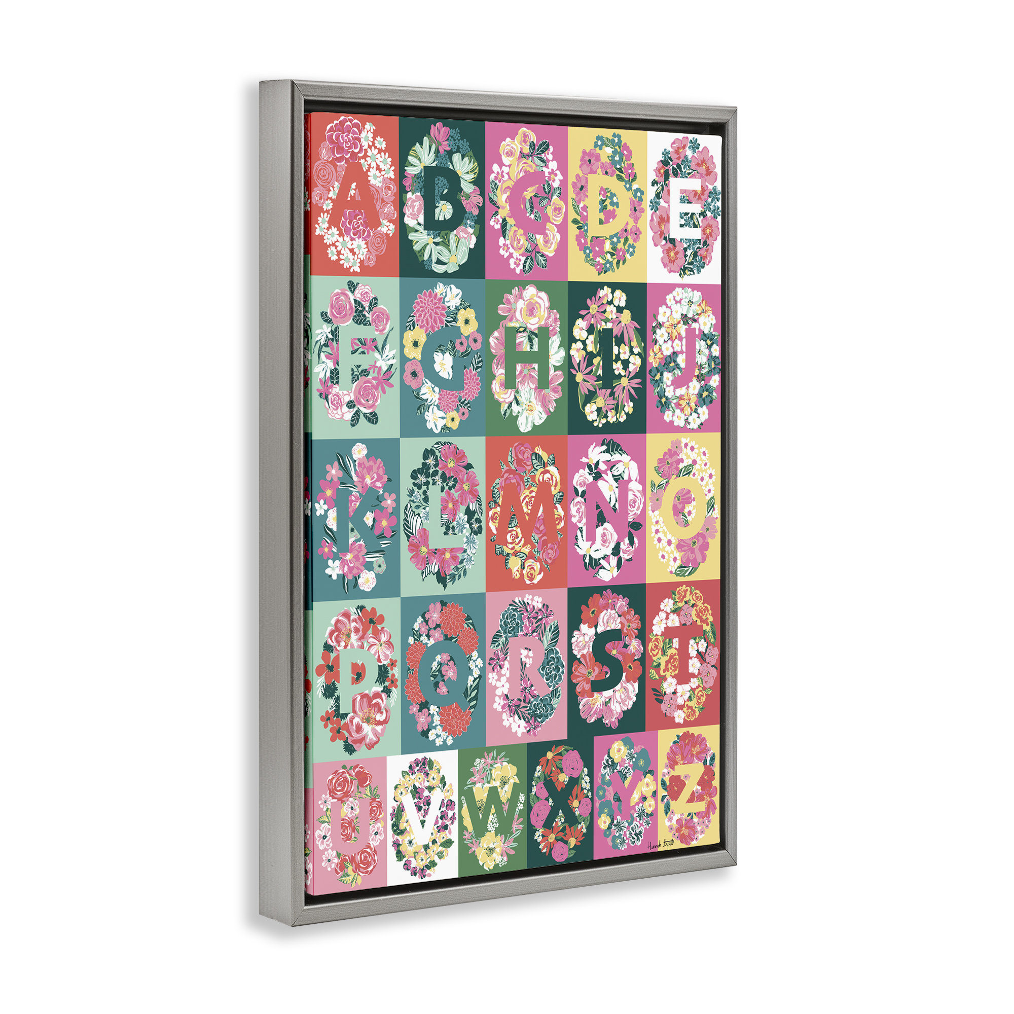Stupell Industries Cottagecore Blooms Alphabet Plants & Flowers Painting Gray Floater Framed Canvas Art Print Wall Art, 21 x 31