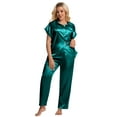 thumbnail image 4 of DAKIMOE Silk Satin Pajamas Set for Women Two-Piece Sleepwear Short Sleeve Pjs Soft Button Down Shirt and Wide Leg Long Pants with Pockets, 4 of 7