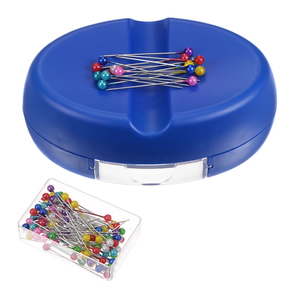 Uxcell Magnetic Pin Cushion with 100pcs Plastic Head Pins, Magnetic Pins Holder with Drawer, Navy Blue