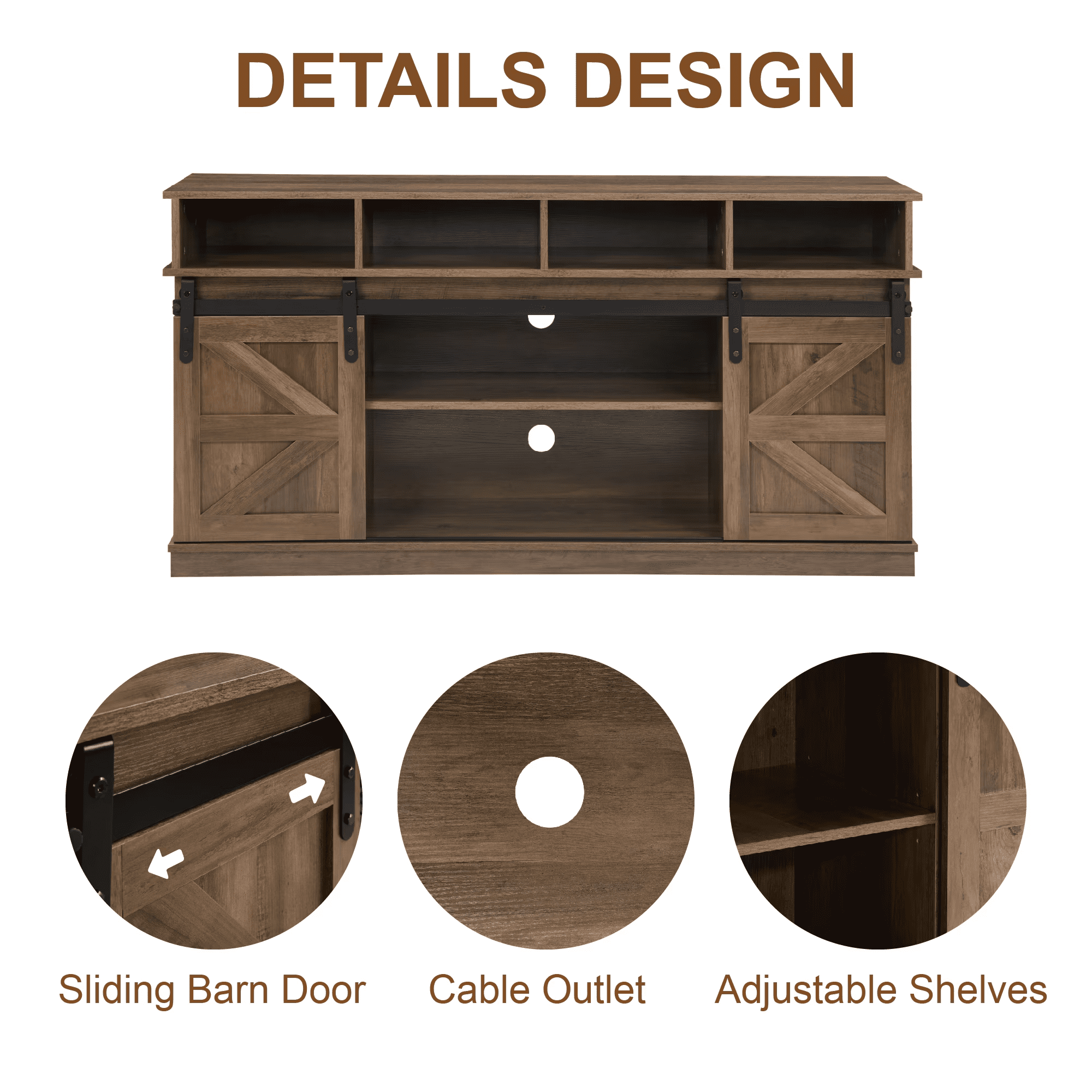 Howcool Farmhouse Sliding Barn Door TV Stand, Wood Entertainment Center Storage Cabinet with Adjustable Shelves, Media Console Table for Living Room, Fits Up to 65" TVs