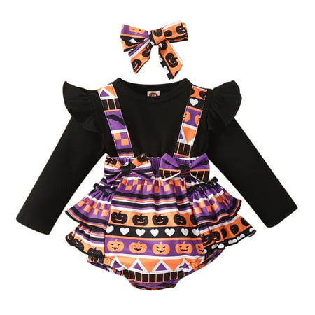 

Infant Girls Halloween Ruffles Long Sleeve Cartoon Prints Romper Newborn Bowknot Bodysuits Headbands Casual Outfits For 12-18 Months
