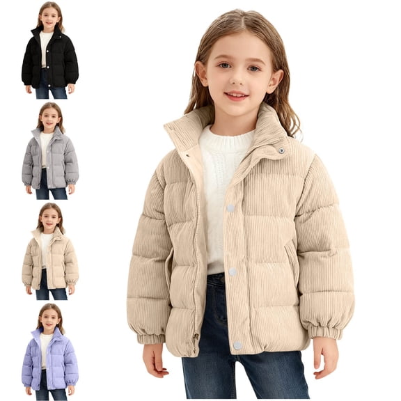 Teylalorva Girls Corduroy Coat Zip up Stand Collar with Pockets Thick Padded Jacket Warm Winter Outerwear (1-7) Khaki Size 3T