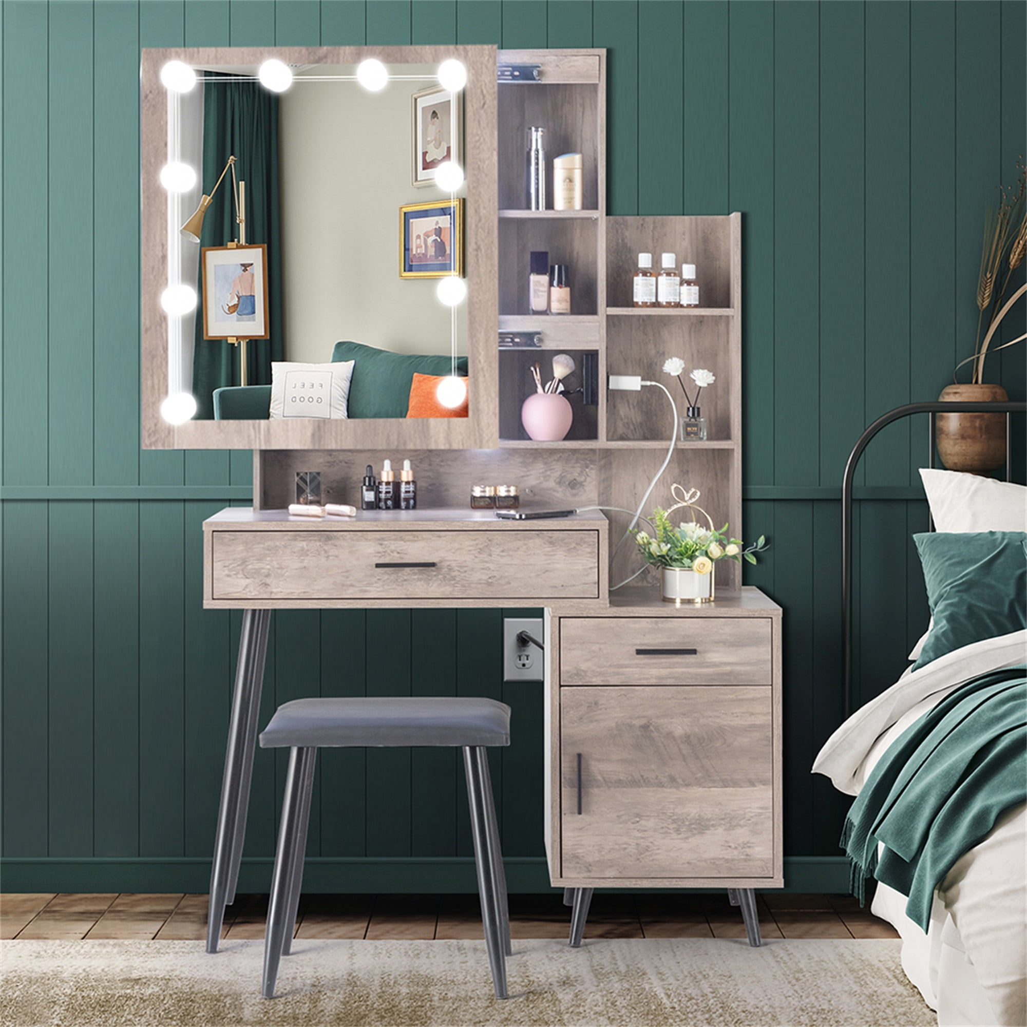 Kadyn Vanity Table and Chair Set, Make Up Vanity Desk with 2 Pumps 2 Shelves, Dressing Table Set, Brown