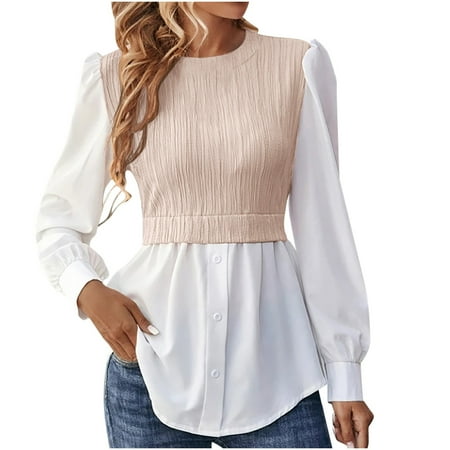 Lace Long Sleeve Top Bodysuit Plus Size Tops for Women Fashion Sleeve Round Neck Casual Stitching Tops Blouse