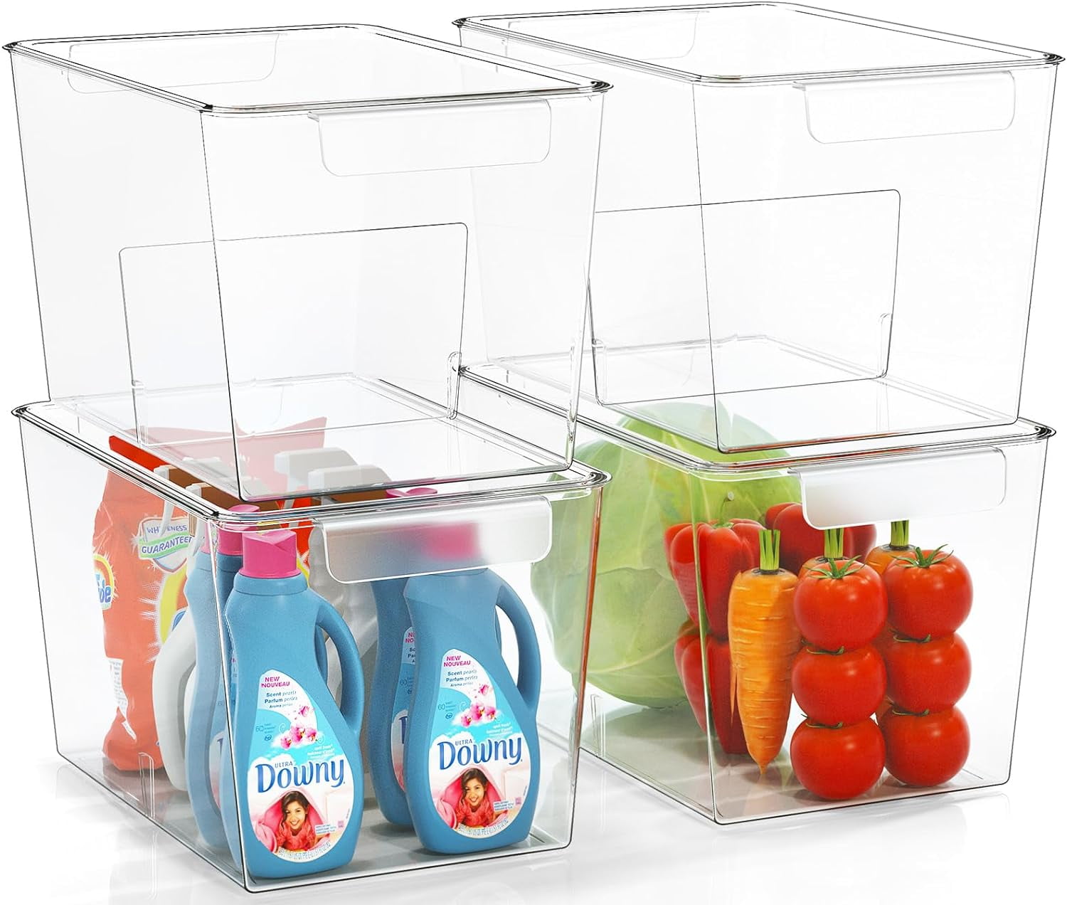 Stackable Clear Storage Bins with Lids, Large Plastic Storage Bins w Handle, Acrylic Pantry Organization and Storage for Kitchen, Fridge, Cabinet, Refrigerator, Bathroom Organizer