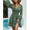 thumbnail image 4 of Robe Courte Verte pour Femme à Col en V, Manches Ballon, Taille Smockée, Imprimée, 4 of 11