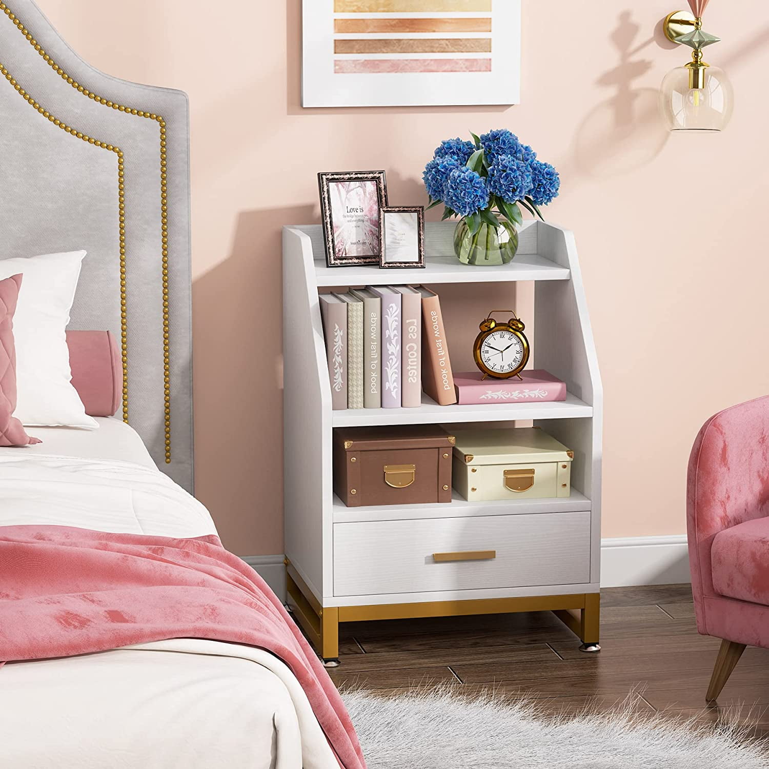 White Nightstand Bedside Table for Bedroom Modern Night Stands with