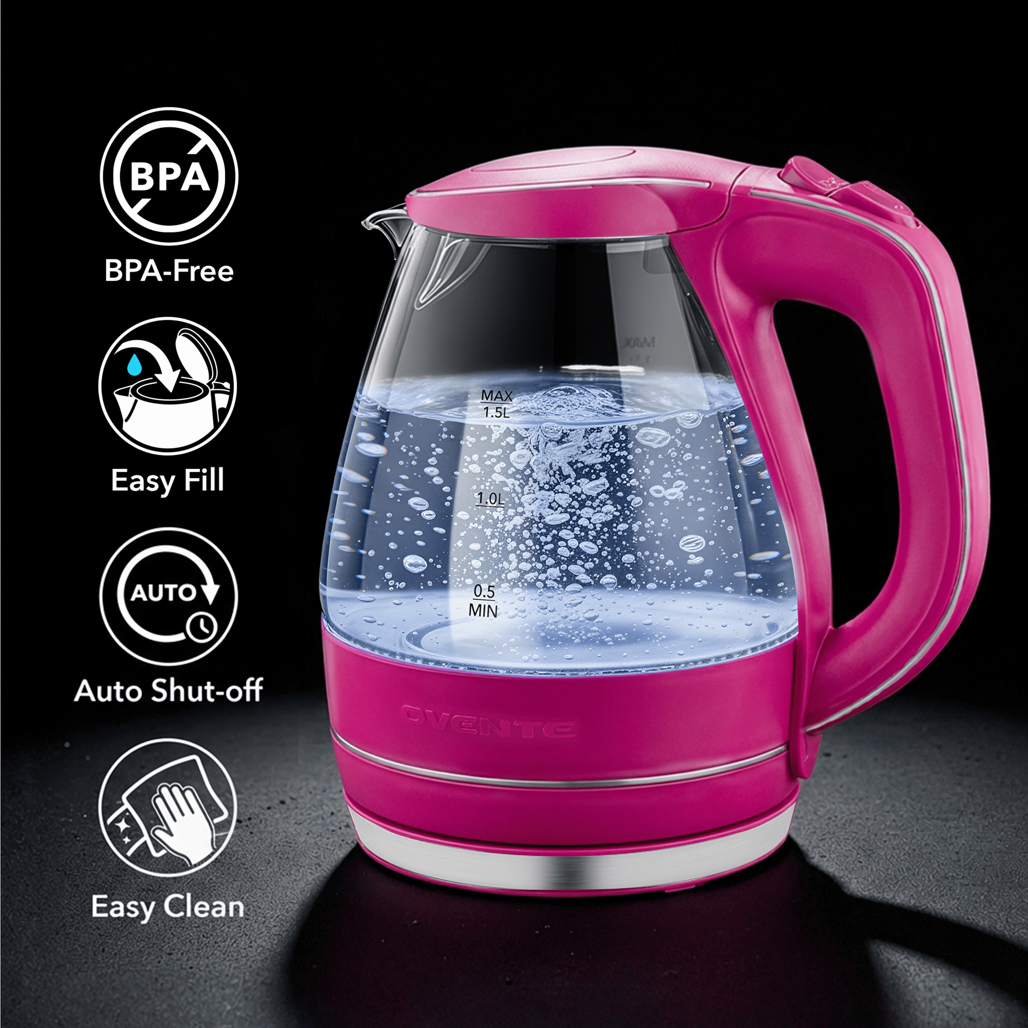 OVENTE 1.5L Glass Electric Kettle Water Boiler, Pink KG83F | 1100W Fast Boiling, Borosilicate Glass, BPA-Free, Blue LED, Auto Shut-Off, Boil-Dry Protection, Removable Filter, 360° Base
