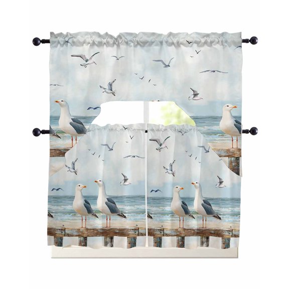 Coastal Seagull Kitchen Curtains Swag Valance and Tier Curtains Set 36 Inch Length, Summer Beach Ocean Birds Retro Rod Pocket Drape Panels Pair Swag Curtain for Bathroom/Cafe/Window