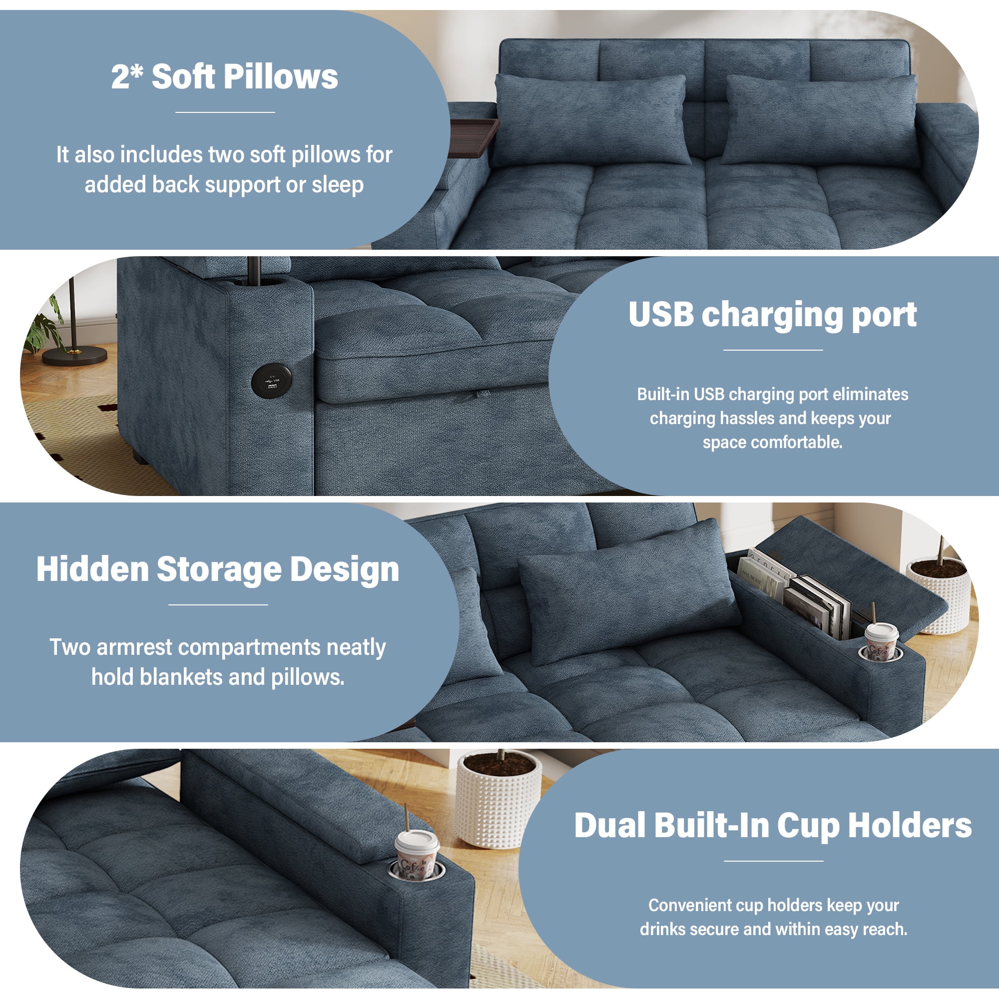 Aukfa 65"W Convertible 3-in-1 Sofa Bed with Storage, Queen Chenille Sleeper Couch with USB/Type-C Ports & Rotating Side Table,Blue