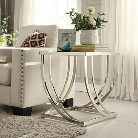 Glass Top Metal Finish - ModHaus Living Modern Steel Brushed Square Arch Curved Sculptural Black Tempered Glass Top End Table | Metal Frame, Chrome Finish, Living Room Decor - Includes Pen