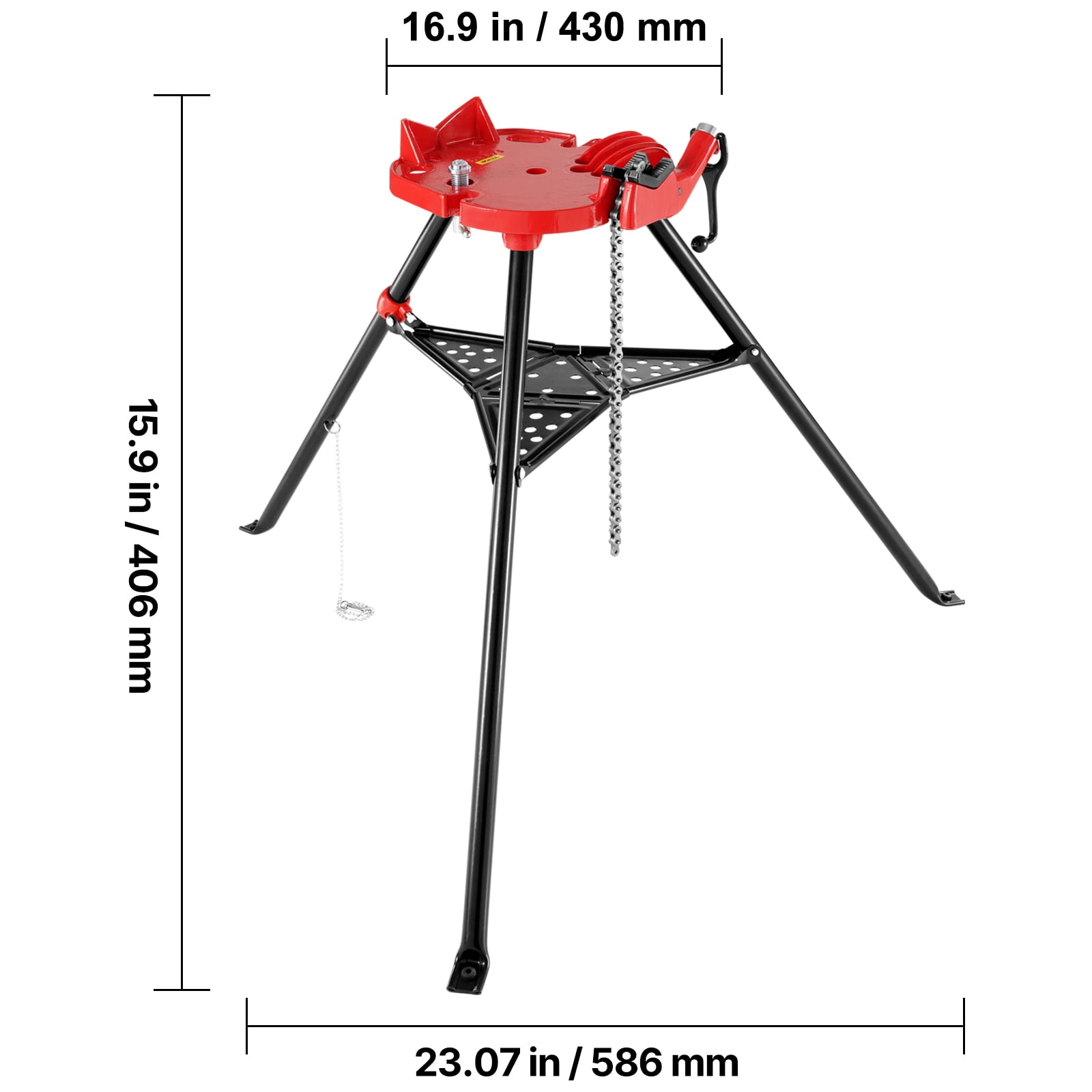 KFFKFF 460-6 Tripod Pipe Chain Clamp with 1/8"-6" Range, Portable Folding Steel Legs, Pipe Support Stands Including Tool Tray, Perfect for Various Pipe Substances