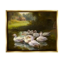Stupell Industries Country Ducks in Pond Animals & Insects Painting Gold Floater Framed Canvas Art Print Wall Art, 21 x 17