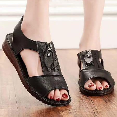 Zipper Flat Soft Leather and Sole Comfort Sandals Women Open Toe Slippers Slip On Platform Wedges Beach Sandals Comfort Flat Shoes Casual Walking Sandals Vintage Ladies Sandal (Black 4)