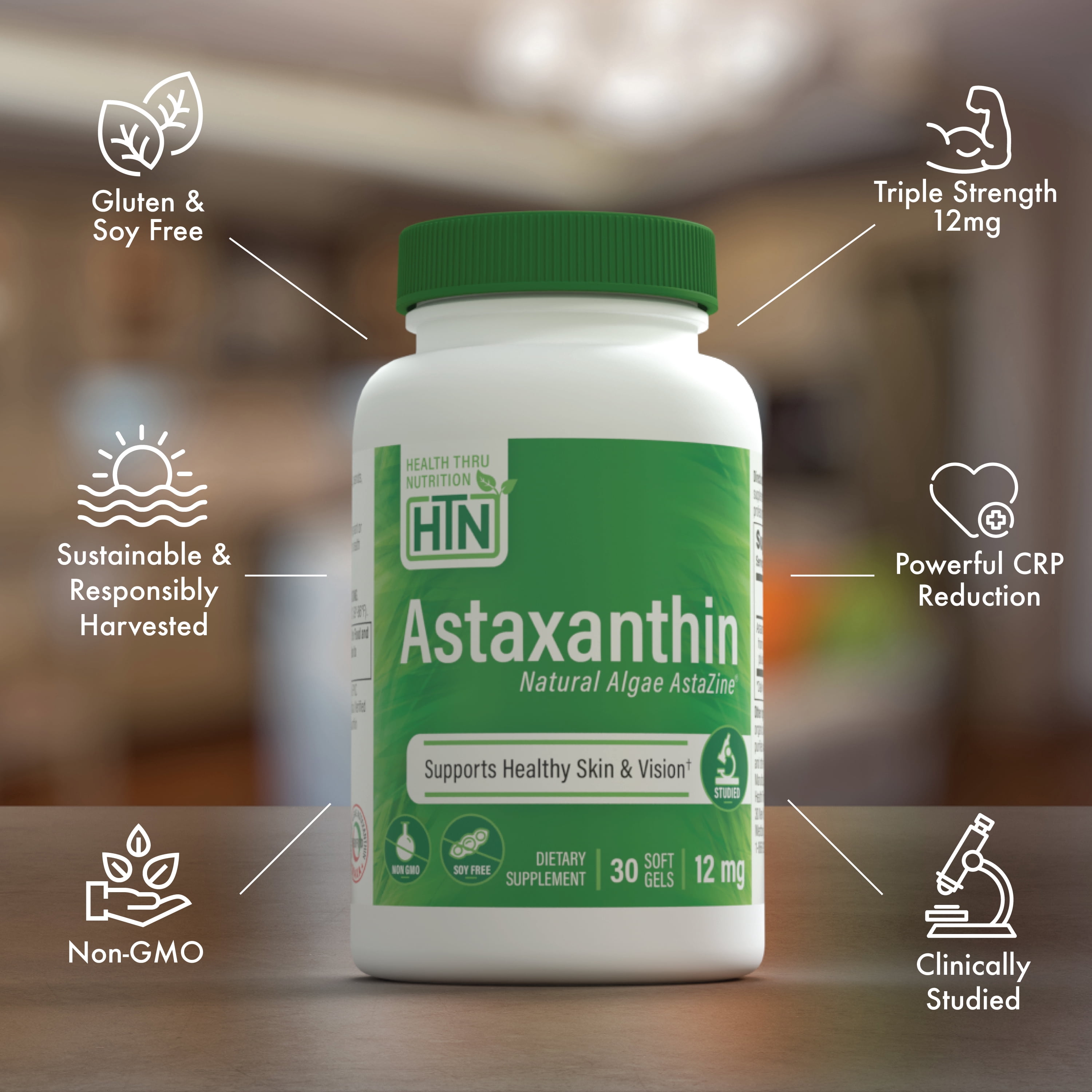 Astaxanthin 12mg (Non-GMO) 30 Softgels - Organically Grown as AstaZine® by Health Thru Nutrition