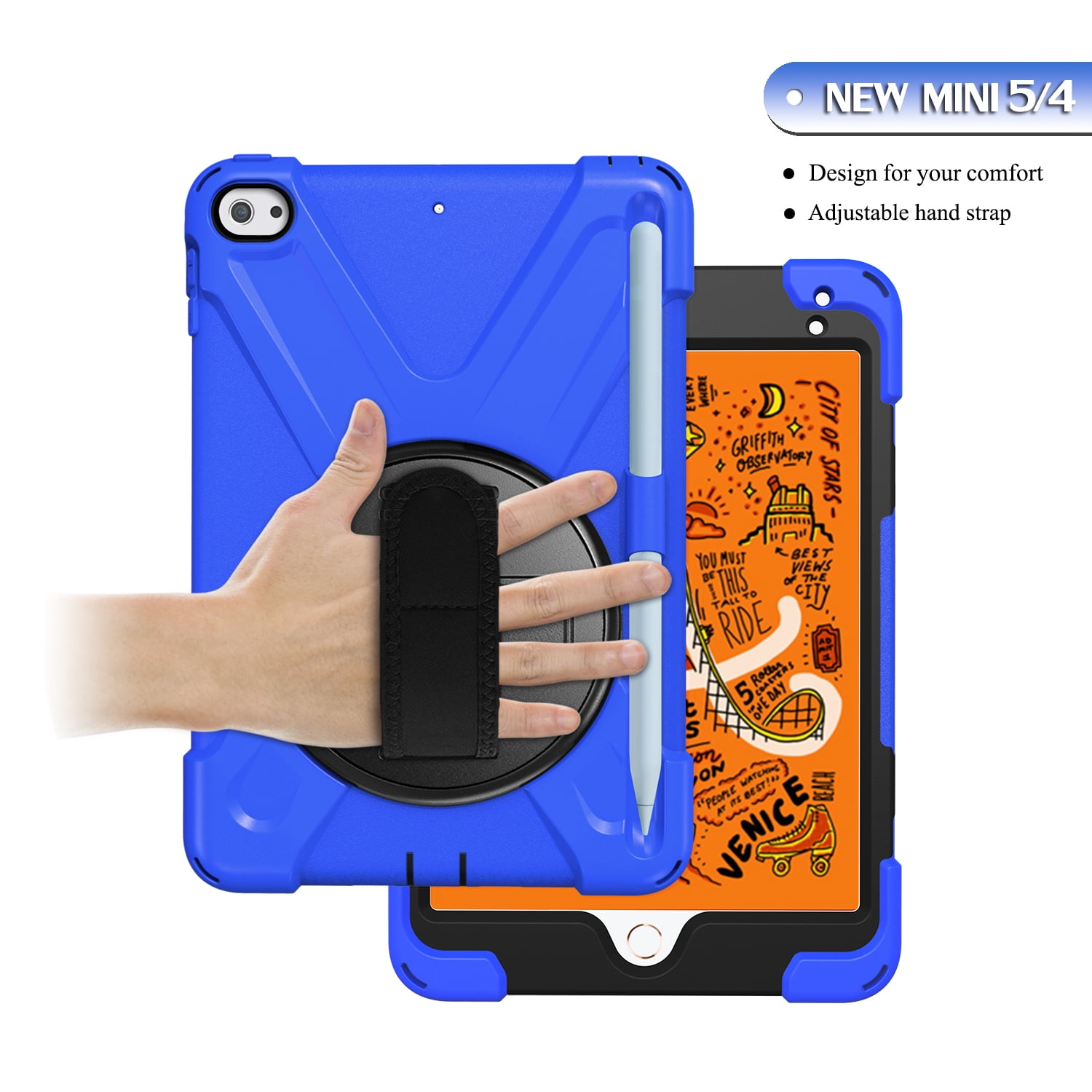 iPad Mini 5 Case for Kids, iPad Mini 5/Mini 4 Case Shockproof, Heavy Duty Protective Rugged iPad Mini Case with Pencil Holder /Kickstand Case for iPad Mini 5th/4th Generation 7.9 Inch - BLUE