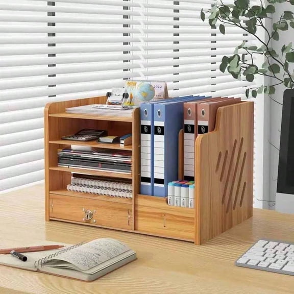 Large Bamboo Desktop Organizer with Lockable Drawer, Multi-Tier Bookshelf, Pen Holder, Tissue Box and File Storage