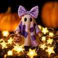 thumbnail image 5 of Miwamany Halloween Ghost Resin Figurine, Cute Patchwork Statue with Bow Pumpkin Bucket, Spooky Tabletop Decor for Home Shelf Party Gift Decoration Display, 5 of 7