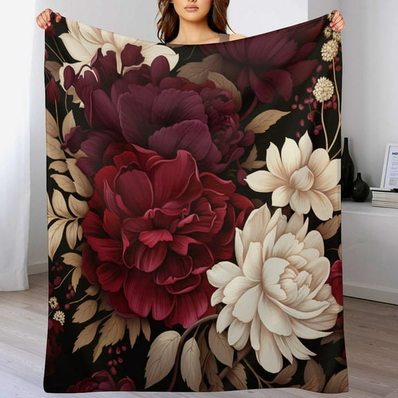 Throw Blanket Elegant Burgundy Floral Soft Warm Cozy Fleece Holiday Throw Blanket Watercolor Boho Burgundy Flannel Blanket for Couch for Couch Bed for Adults Teens Kids 60"x80"