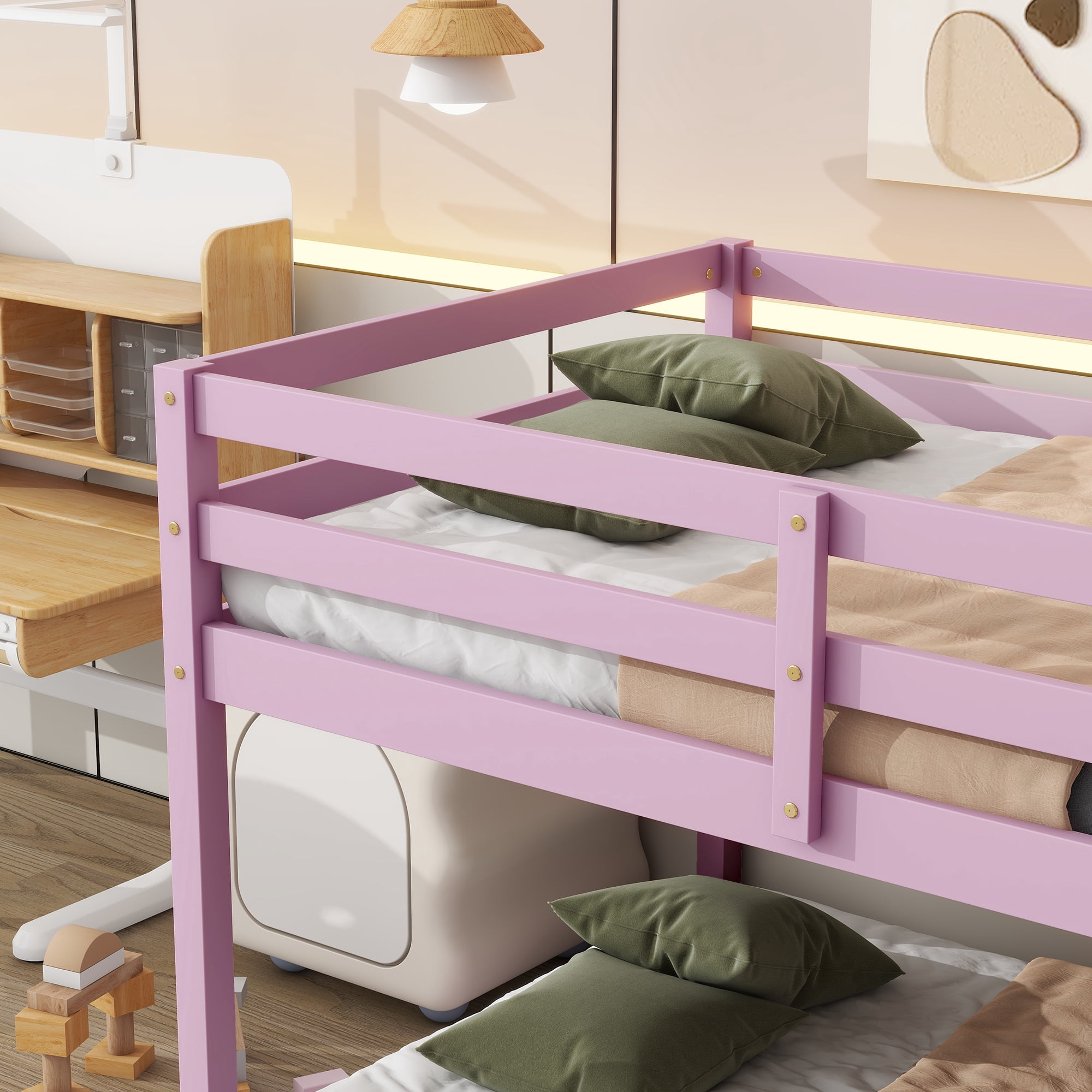 Alvantor Wooden Bunk Bed Twin over Twin Floor Bunk Bed with Safety Rail, Ladder for Children Boys Girls Pink