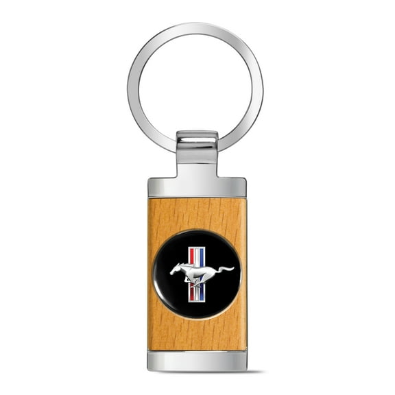 iPick Image for Ford Mustang Tri-Bar Roundel Logo in Black on Maple Wood Chrome Metal Trim Key Chain, Official Licensed