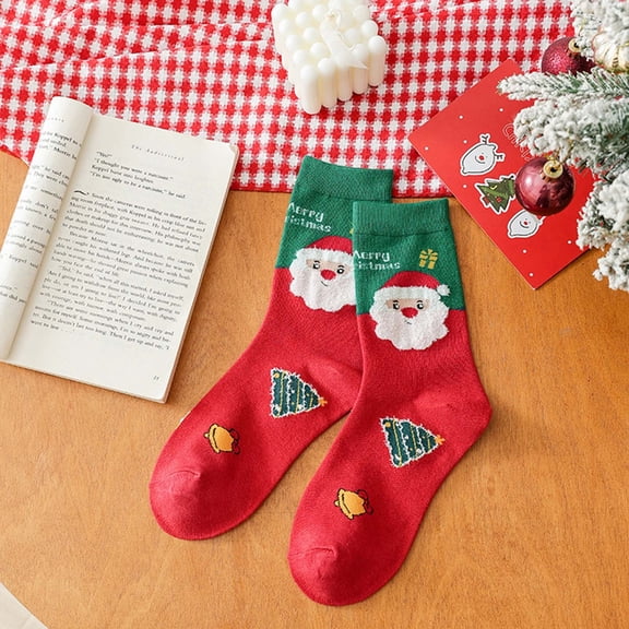 Voncos Red Christmas Socks for Women - Soft Cotton Mid-Calf Festive Socks with Santa, Christmas Tree & Jingle Bells, Free Size Holiday Gift