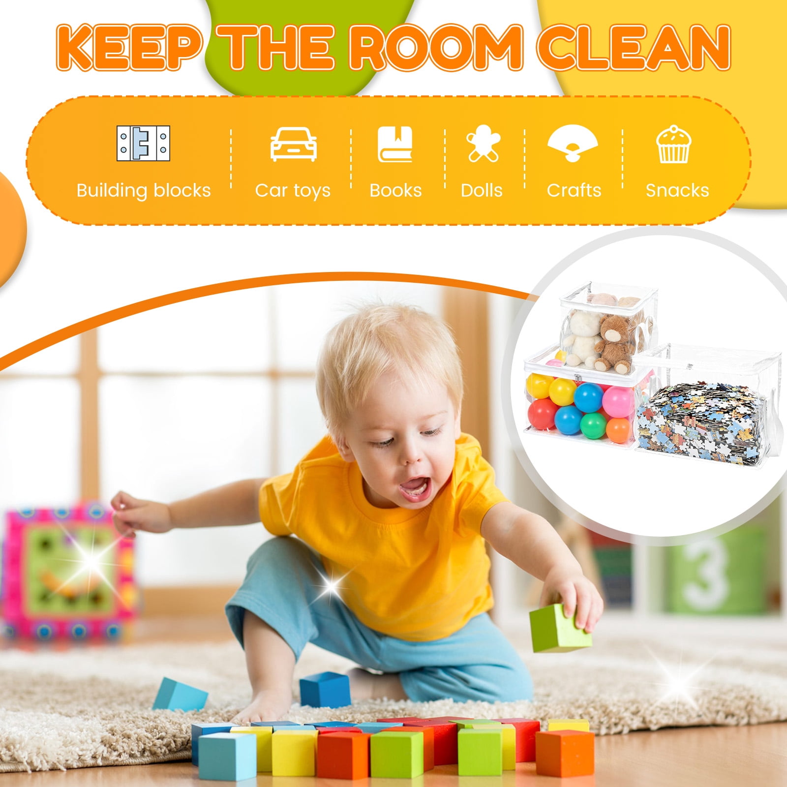 6Pcs Toy Storage Bag with Handle and Zipper Clear PVC Toy Organizer Bag Multipurpose for Doll Board Game Building Block