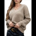 thumbnail image 1 of Suéter de Larga con Cuello en V para Mujer, Suéter Holgado de Punto Grueso de Gran Tamaño. Caqui M, 1 of 10