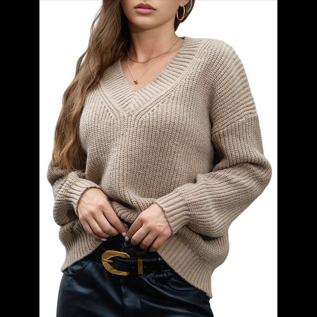 Suéter de Larga con Cuello en V para Mujer, Suéter Holgado de Punto Grueso de Gran Tamaño. Caqui M