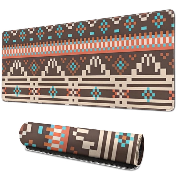 Long Mouse Pads for Desk,Boho Blue Pixel Ethnic Pattern Desk Mats on Top Of Desks, Desk Mouse Pad Extra Large with 3mm Non-Slip Base and Stitched Edge for Gaming,Office,Work,Home 31.5"x11.8"