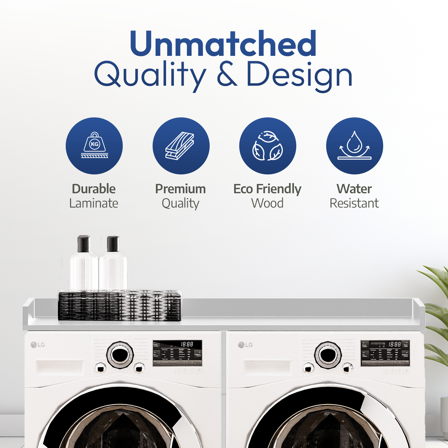OfficeSimpli Washer Dryer Countertop w Non-Slip Pads, Made in USA, Laundry Room Wood Topper, Washer Dryer Cover for Top, Laundry Guard, Laundry Countertop, Laminate Finish (Glacier White)