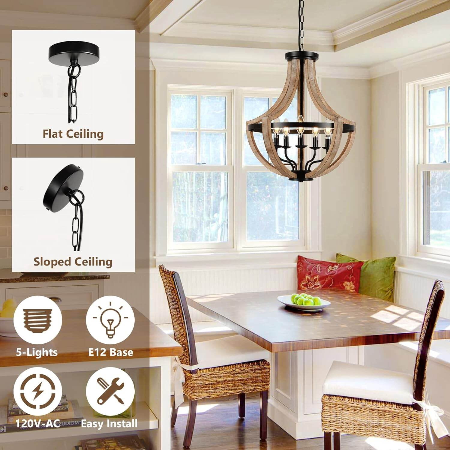 Table Lamp 19" Farmhouse Chandelier Light Fixtures, 5-Light Dining Room Light Fixtures Over Table, Solid Wood Modern Chandeliers for Dining Room Living Room Kitchen Island Bedroom Foyer, Height Adjus