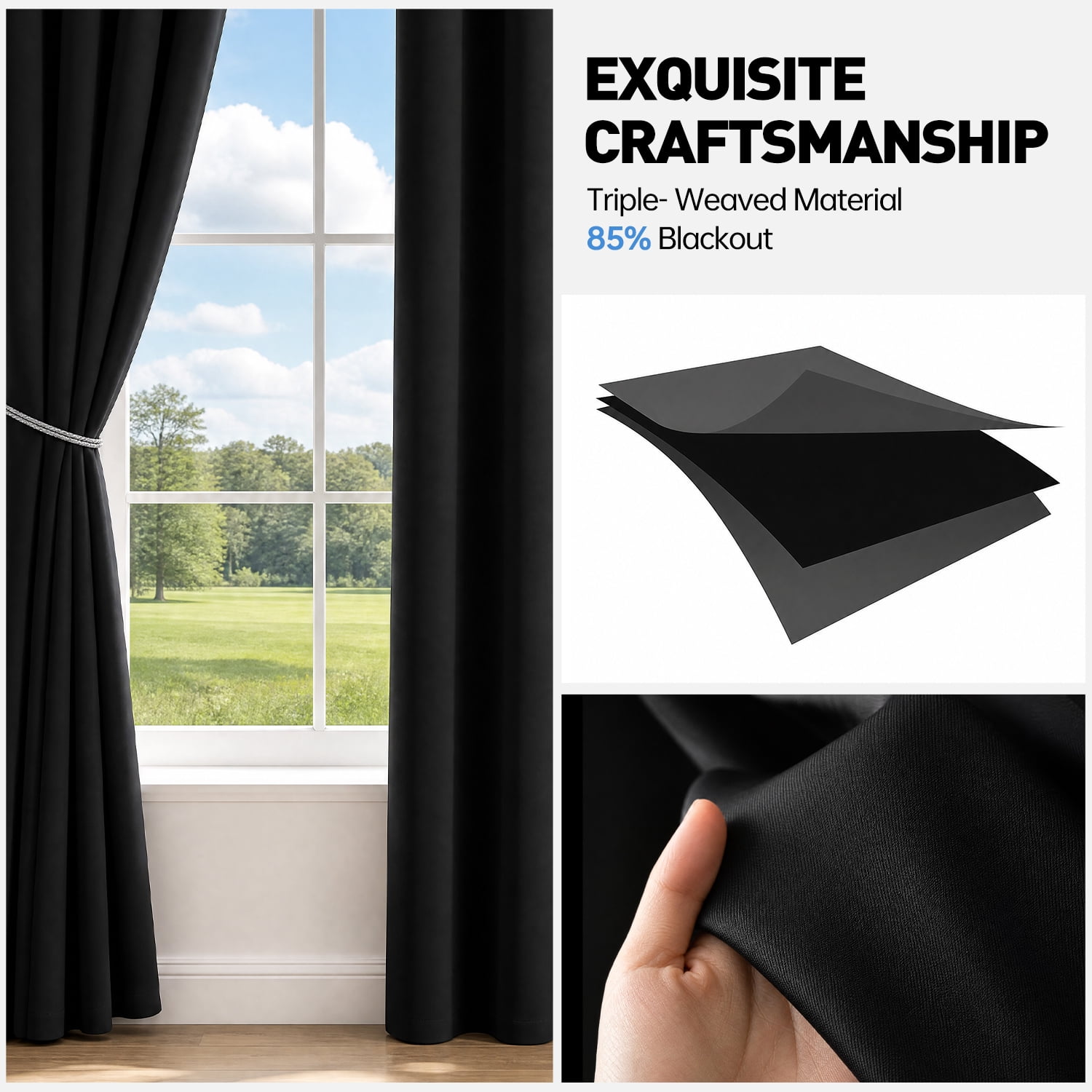 Blackout Curtains, 52 x 84 inch Black Curtains Set of 2 Panels, Thermal Insulated Room Darkening Curtains for Bedroom, Privacy Protection